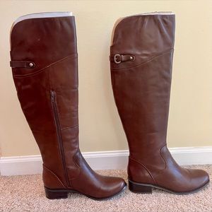 Brown leather above the knee boots